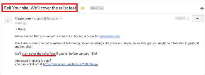 Example of a retention email by Flippa