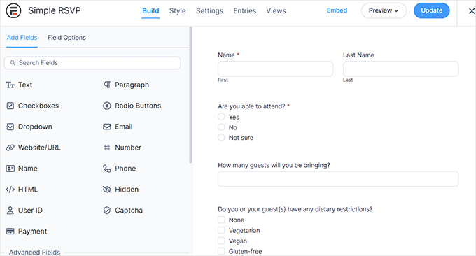 Formidable Forms RSVP template