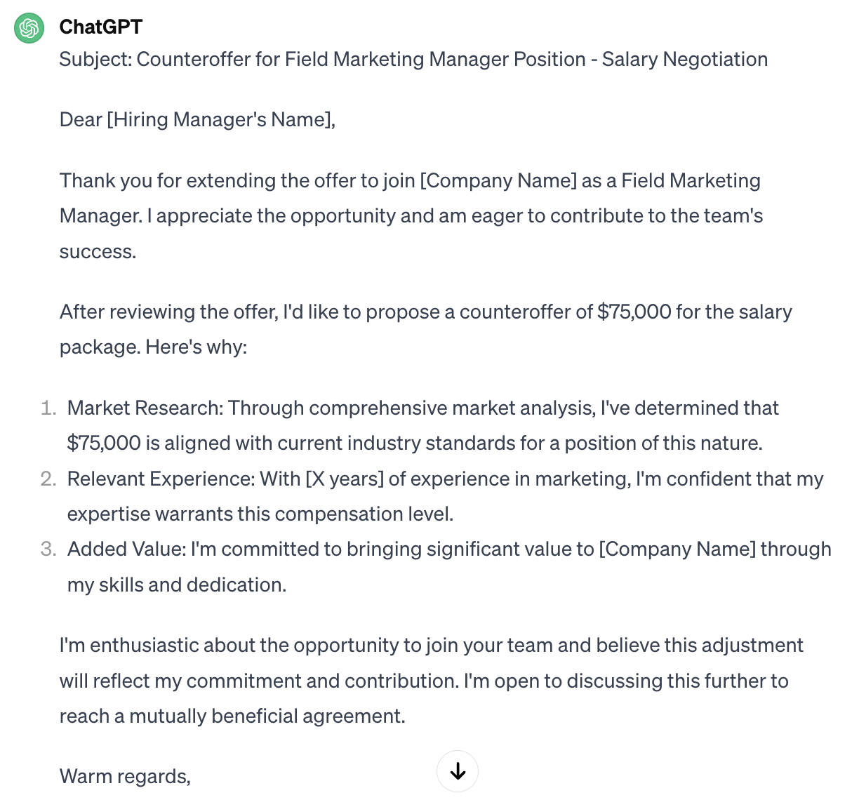 Counteroffer email example prompt for ChatGPT short email