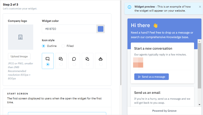 GrooveHQ's widget customization settings