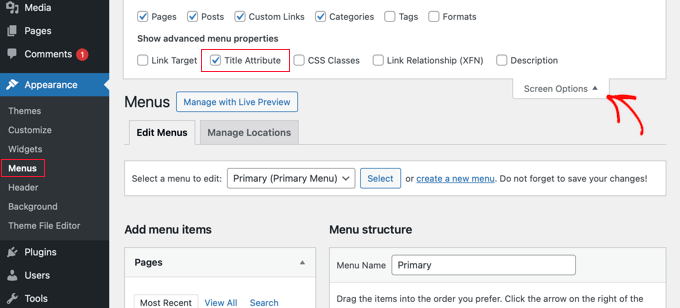 Enabling Image Attributes in Screen Options