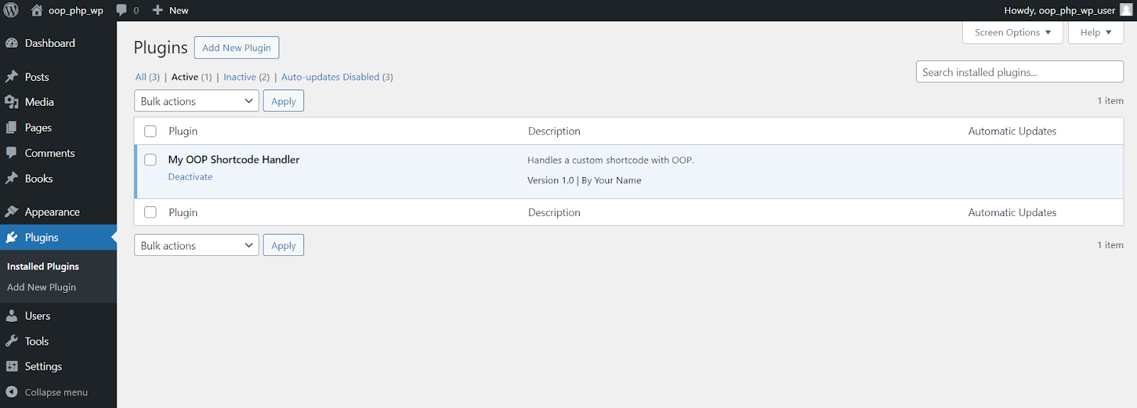 Screenshot of the Plugins page. At the top of the page is an Add New Plugin button. Below this is a list of plugins. My OOP Shortcode Handler is listed and active