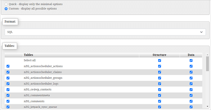 Select and exclude tables