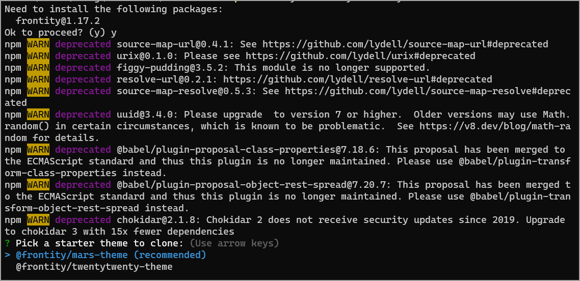 Screenshot of a terminal showing the output of running npm frontify create my-app with a prompt to pick a starter theme to clone. The frontity mars-theme is selected