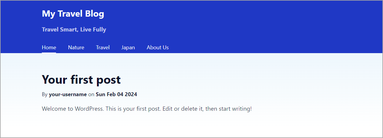 Screenshot of a webpage titled 'My Travel Blog' with a tagline 'Travel Smart, Live Fully' featuring content from WordPress local site. It has navigation links for 'Home', 'Nature', 'Travel', 'Japan', and 'About Us'. The 'Home' page is currently selected, displaying one blog post. The header background is blue and the rest of the page has a white background