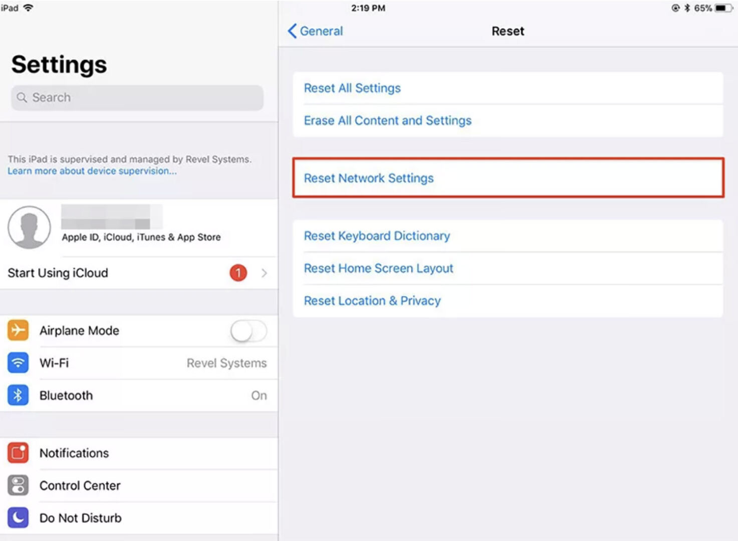 Network settings reset instructions