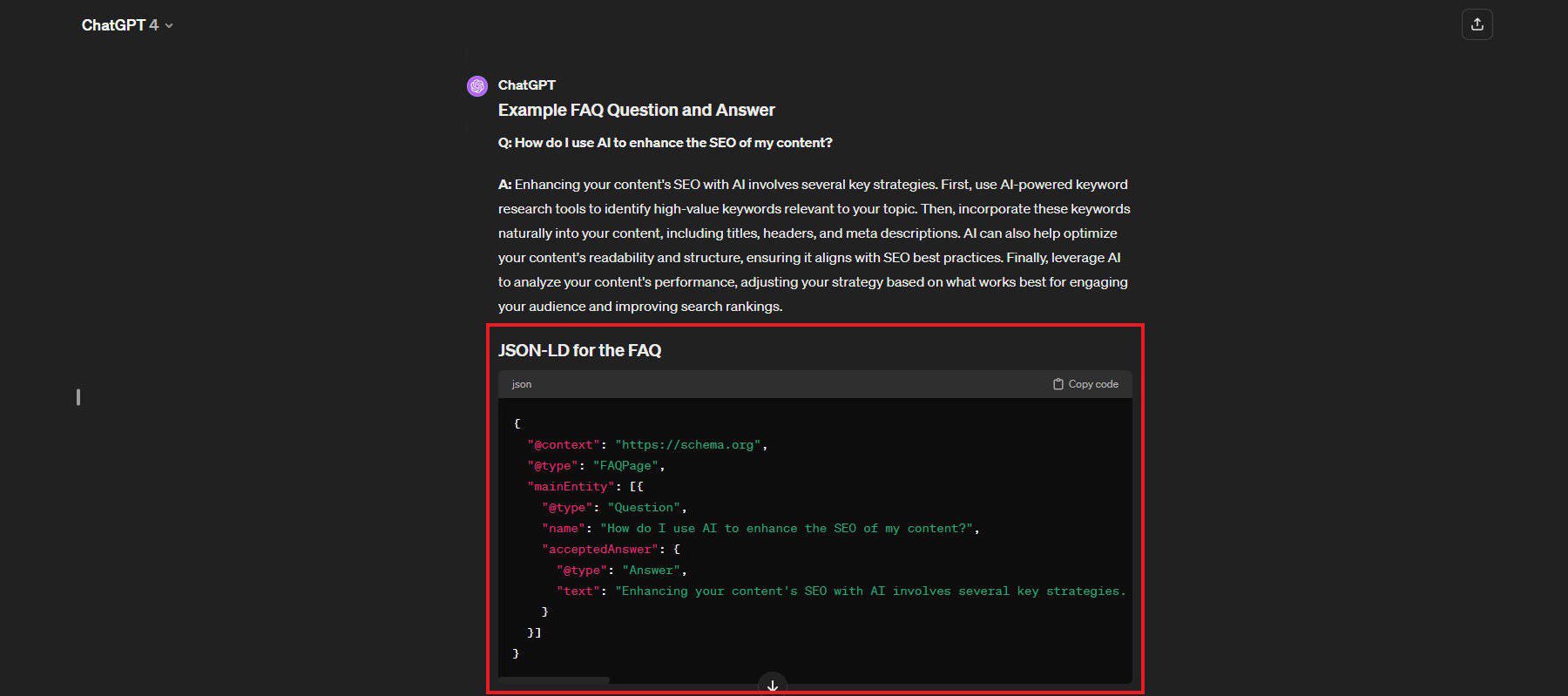 ChatGPT Example Creating JSON-LD Schema for FAQ