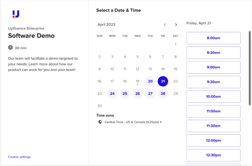 screenshot of Calendly meeting setup example