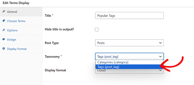 Choose tags as the taxonomy