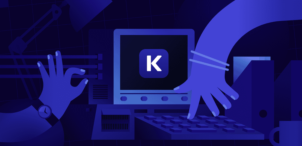 The DevKinsta logo, which is an illustration of hands typing on a computer keyboard with a large "K" key in the center, against a dark blue background with abstract geometric shapes.
