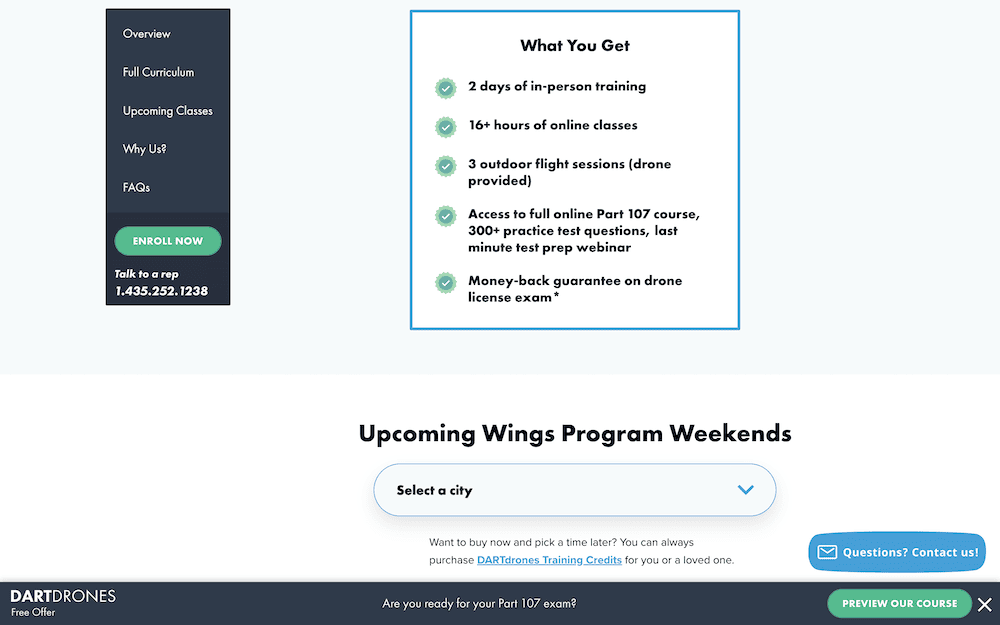 The DARTDrones website showing an upcoming drone training program, with an overview of what is included in the package. There are options to select a city and enroll now.
