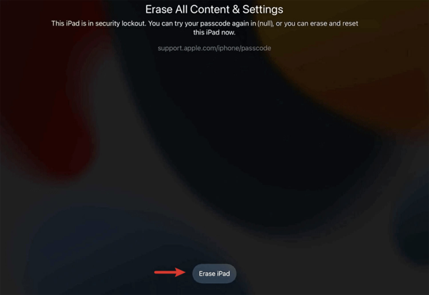 Erase iPad option on the lock screen