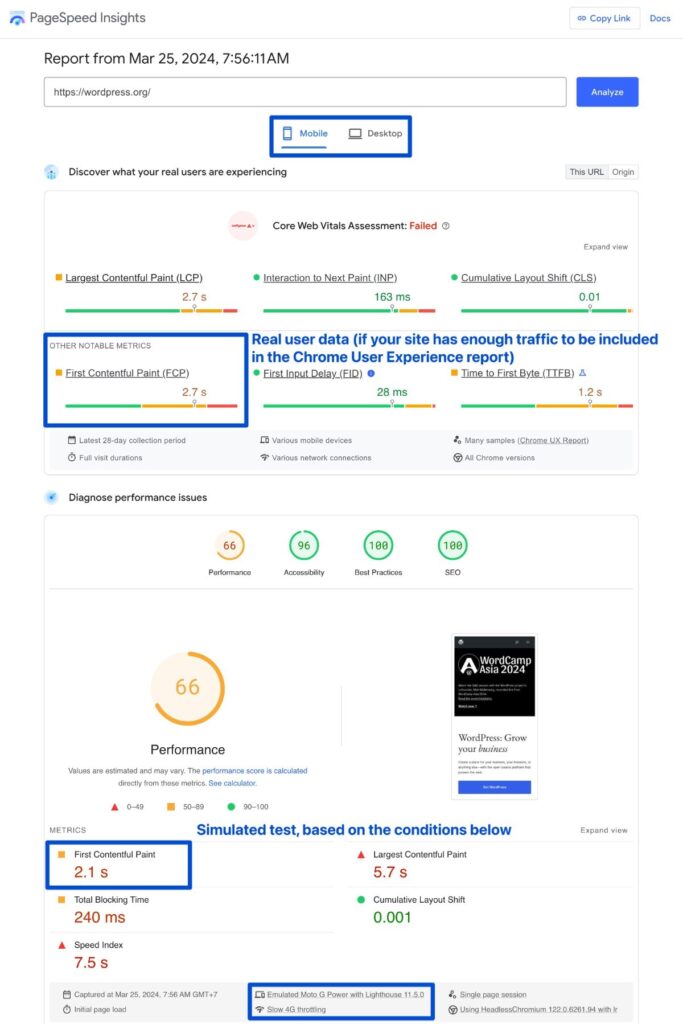 Where to locate the FCP times in Google's PageSpeed Insights results page.