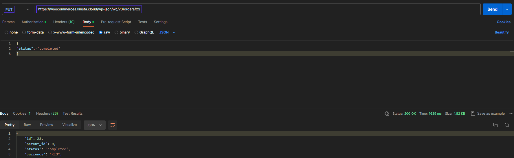 The Postman window shows the PUT request. Highlighted is a PUT with the URL endpoint. Below it is the Body tab active with the raw option checked and JSON dropdown selected