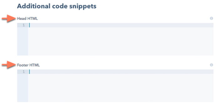 Head and footer HTML sections for adding code snippets in HubSpot