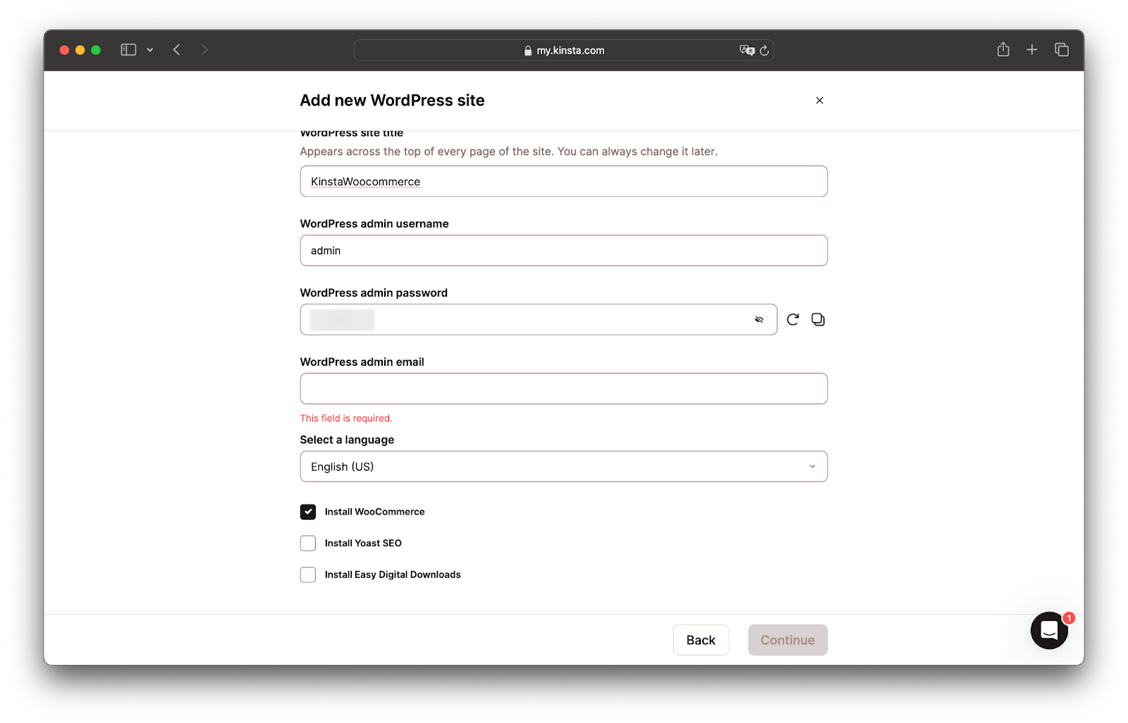 Add new WordPress site page showing site title, admin username, admin password, admin email, and language fields. Underneath the fields there are optional plugins including WooCommerce, Yoast SEO, and Easy Digital Downloads. At the bottom of the page are Back and Continue buttons