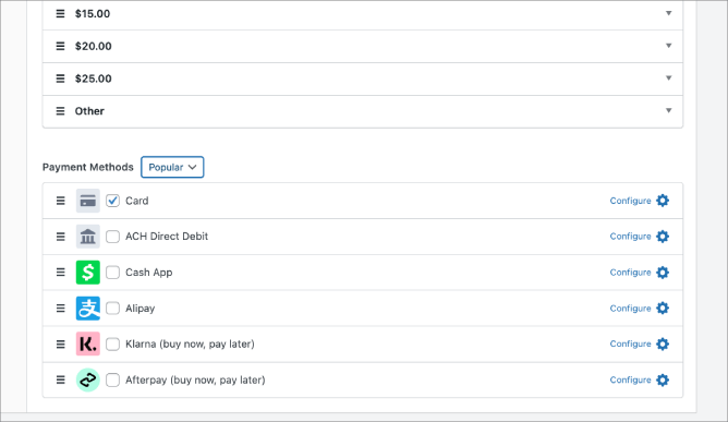 payment methods in wp simple pay