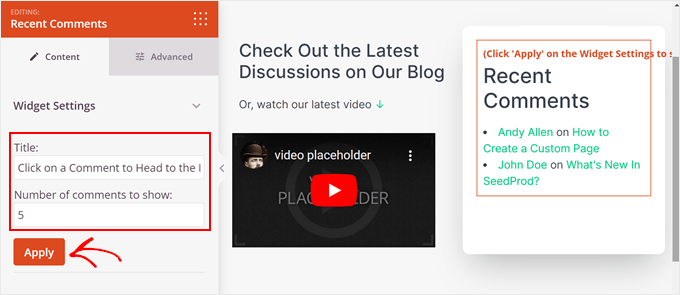 Configuring Content settings of the Recent Comments widget in SeedProd