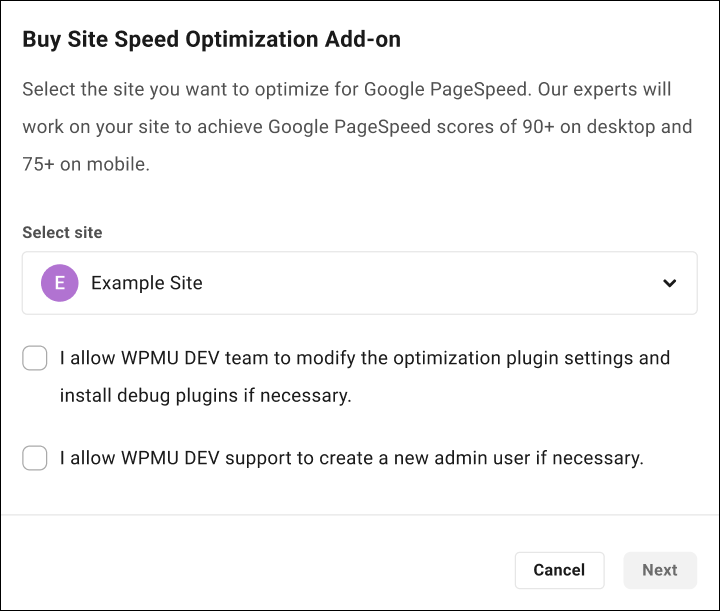 Site Speed Optimization Add-on service request form.
