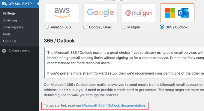 The documentation link for setting up Outlook in WP Mail SMTP