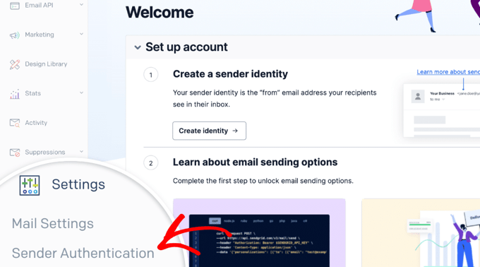 Navigate to Sender Authentication in SendGrid