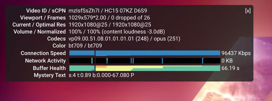 YouTube's 'Stats for nerds' showing playback details