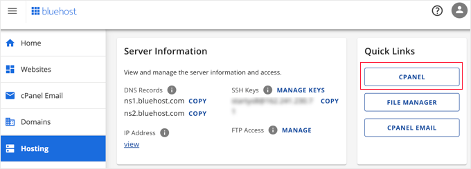 Open cPanel in Bluehost