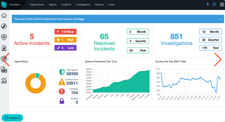 screenshot of Huntress cybersecurity dashboard