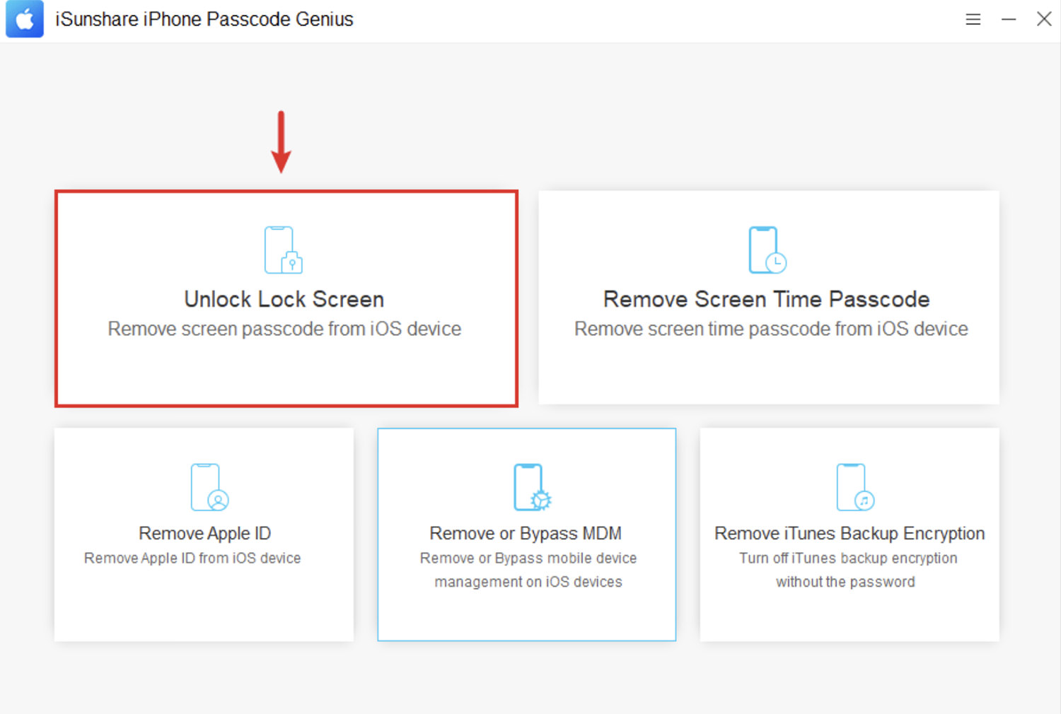 Unlock Lock Screen option in iSunshare iPhone Passcode Genius
