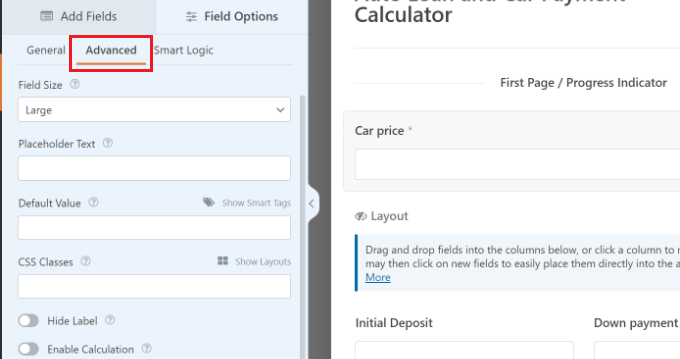 View advanced field options