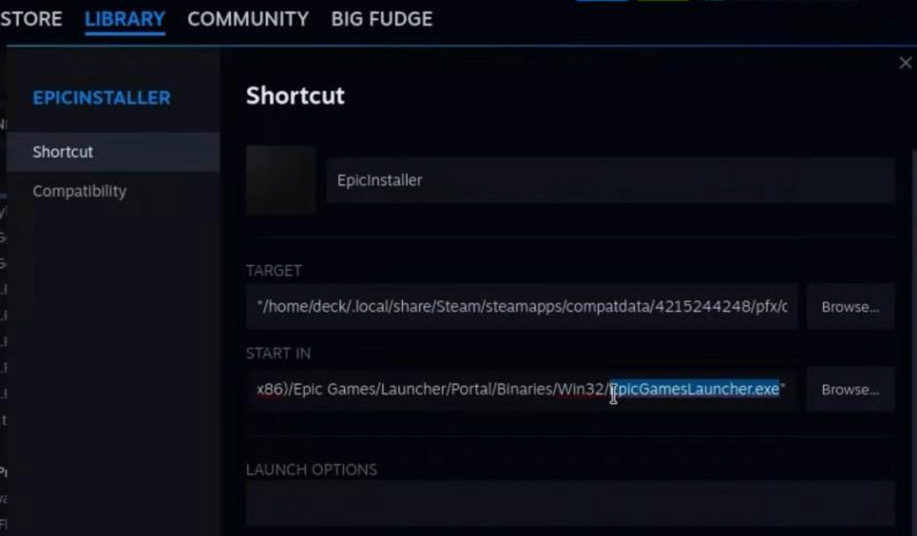 Configuring the shortcut for Epic Games Launcher