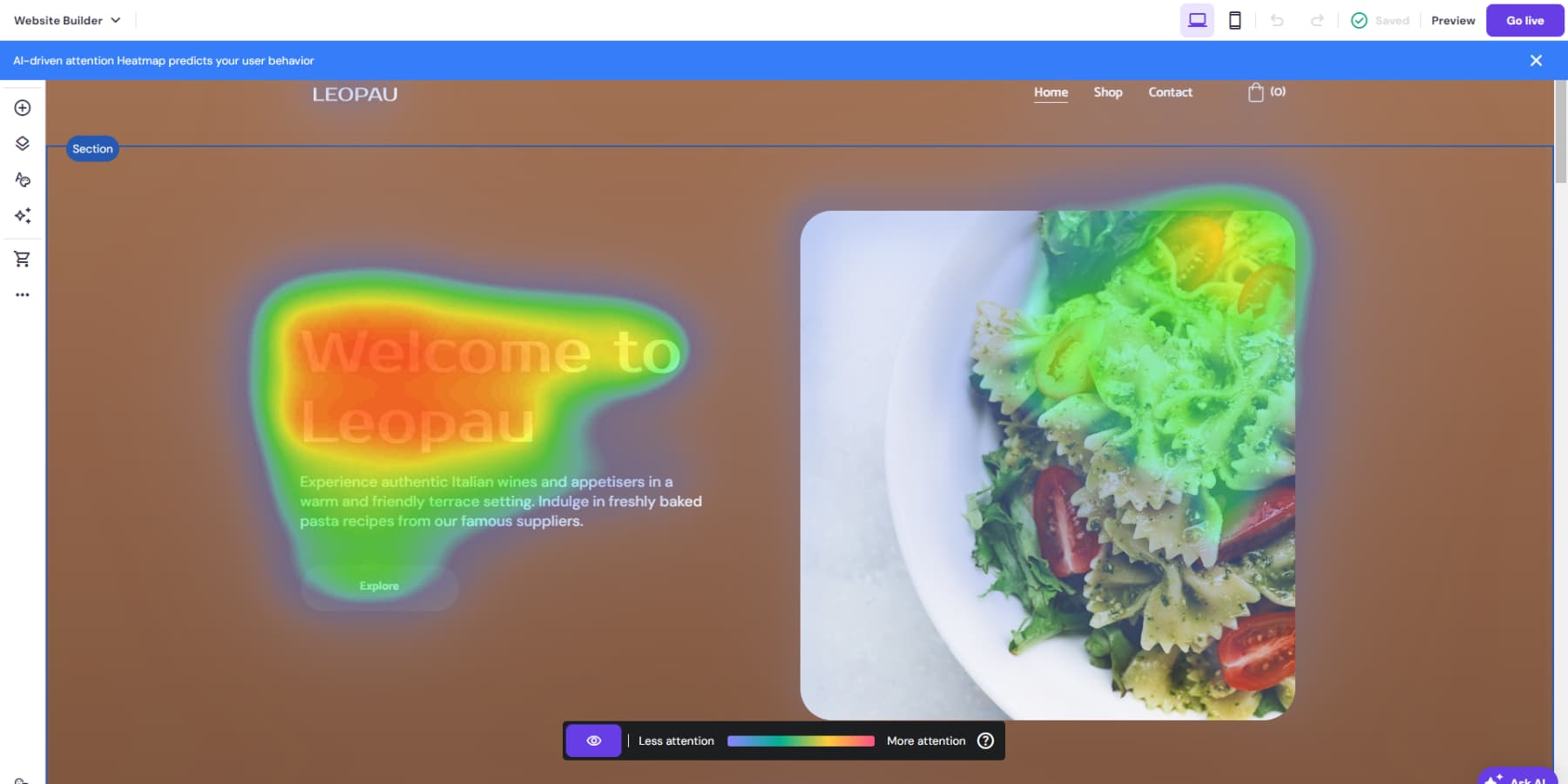 A screenshot of Hostinger Website Builder's AI heatmap