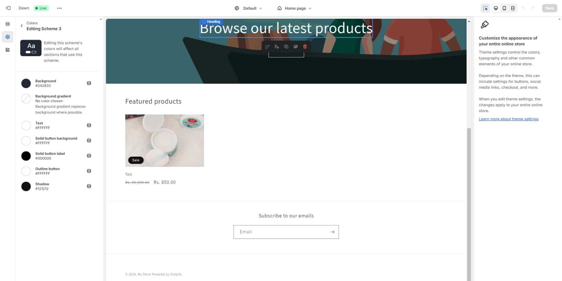 A screenshot of Shopify's Customization Options