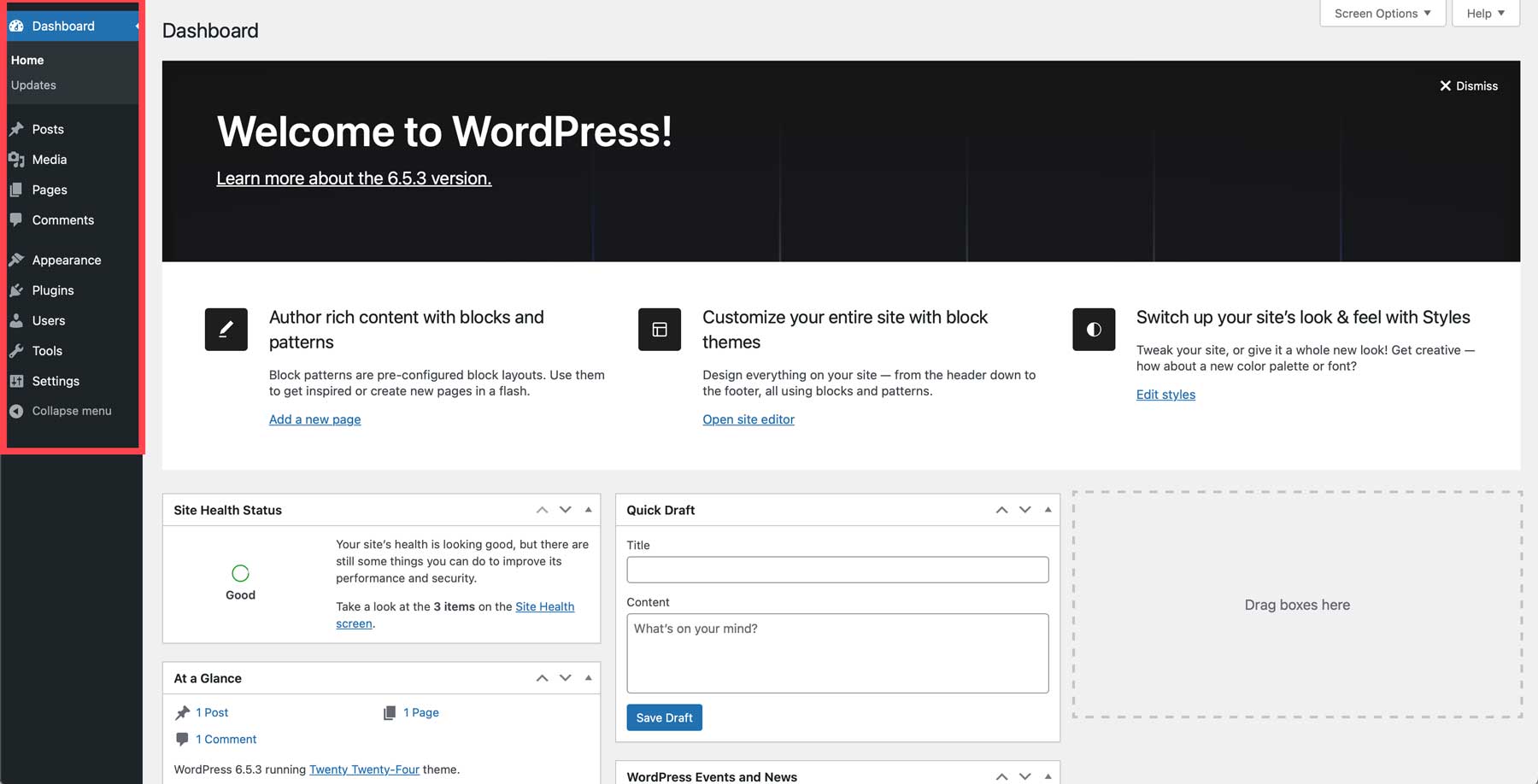 WordPress dashboard