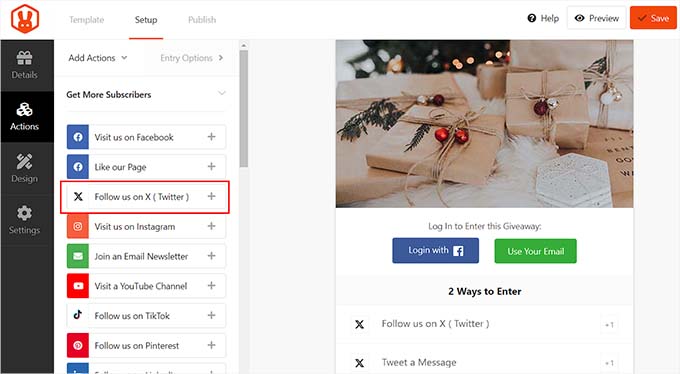 Add Twitter as an action in a giveaway