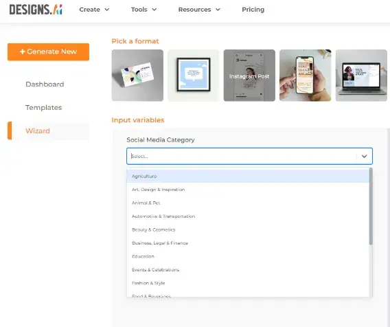 Choosing a predetermined category for Designs.ai social media image creator 