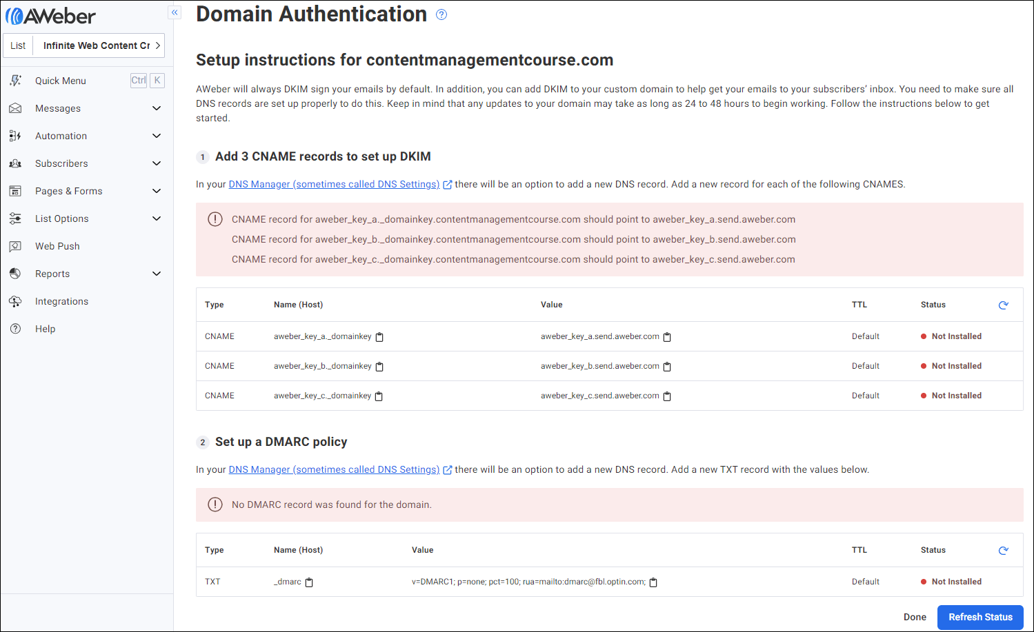 AWeber Domain Authentication screen