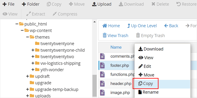 Copying footer.php in Bluehost file manager