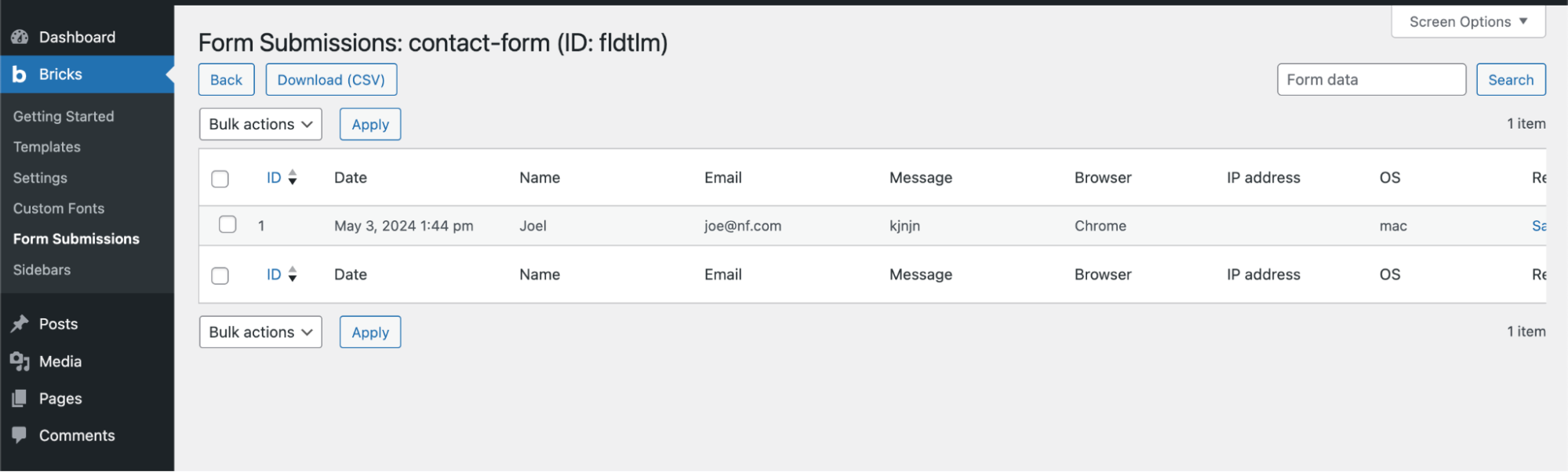 Bricks Form Submission page to access all forms and their data