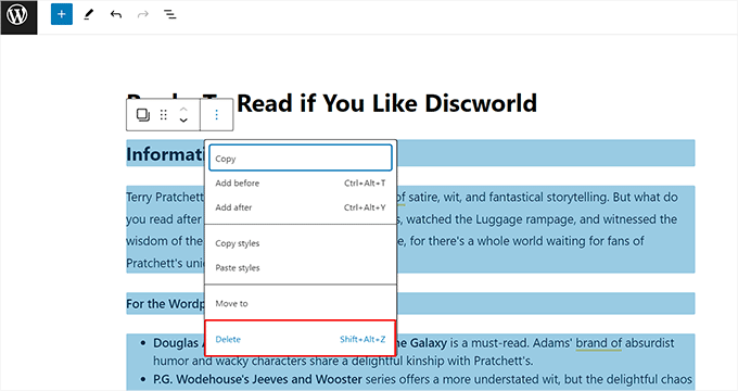 Delete multiple blocks in WordPress