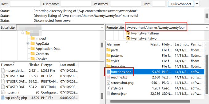 Locating functions.php file in FTP