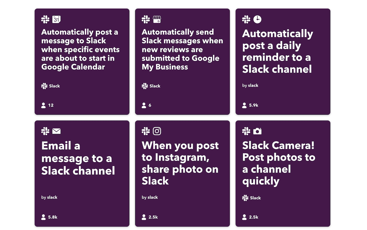 A set of six rectangular cards, each presenting a different automation idea integrating Slack with other applications. The cards have a purple background with white and black text. Automation examples include posting Google Calendar event reminders to Slack, sharing Instagram photos to Slack, and sending daily reminder messages to a Slack channel. The Slack hashtag logo is displayed on each card.