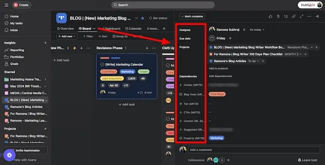 HubSpot Editorial Calendar is hosted on Asana showcasing many crucial assignment details