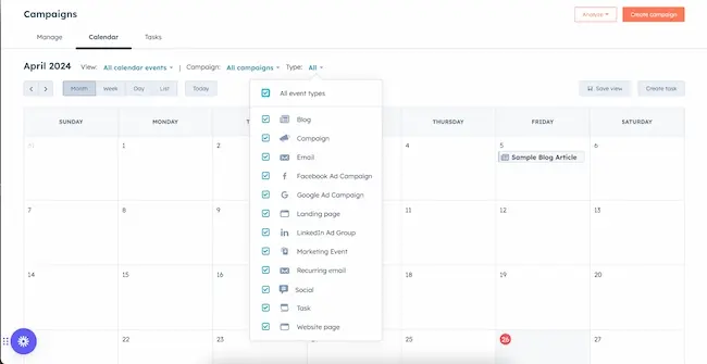 HubSpot's marketing calendar offers a variety of task filters