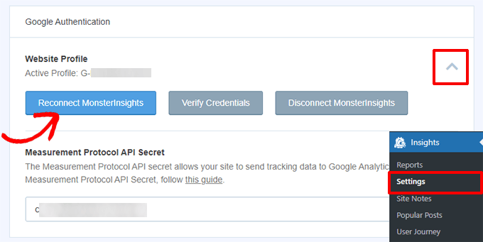 MonsterInsights reconnect Google Analytics