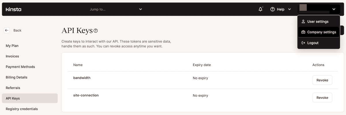 The API Keys management screen within the MyKinsta dashboard. The screen has a white background with black text, with a left and sidebar and a black toolbar. A table lists two API keys named "bandwidth" and "site-connection", each with "No expiry" indicated. The table includes "Revoke" buttons for each key.