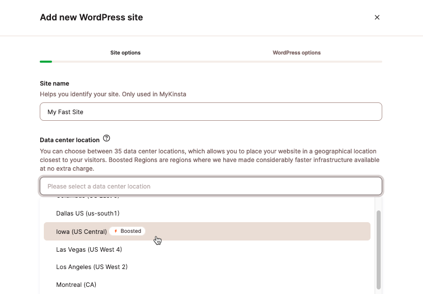 A screenshot of the MyKinsta dashboard showing the dialog used to select a data center.