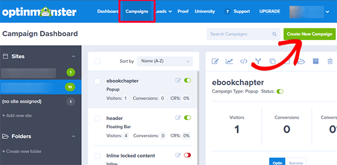 Creating a new campaign in OptinMonster