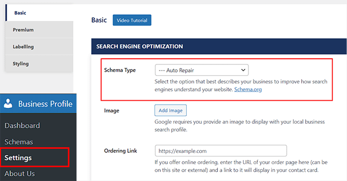 Select schema type for your business