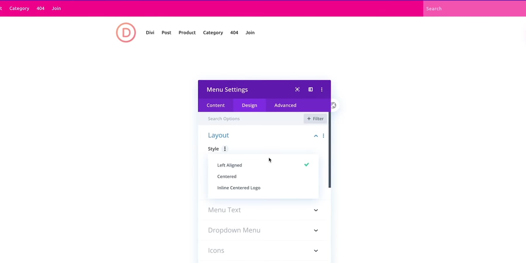 A screenshot of Divi's header builder